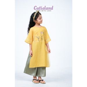 Cutieland - Bộ áo dài bé gái tơ vàng thêu hoa