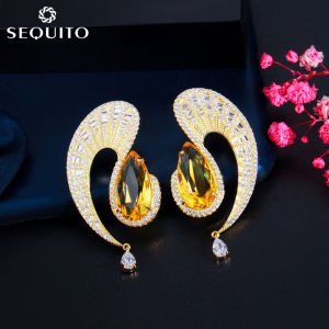 SEQUITO New Designer Luxury Gold Plated Cubic Zirconia Leaf Shape Earing Pave Pear Water Drop Stone for Women Prom Jewelry Dress Accessories SE361