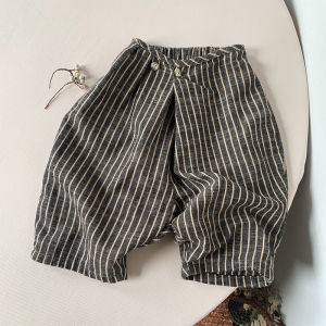 Spring New Kids Vertical Stripe Cotton Linen Wide Leg Pants Loose Fit Harem Pants Boys and Girls Korean Style Toddler Trousers