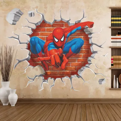 Wusi Si®สติกเกอร์ติดผนังลายการ์ตูนสไปเดอร์แมนผล3Dรูปลอกติดผนังตกแต่งบ้านของขวัญสำหรับห้องเด็ก