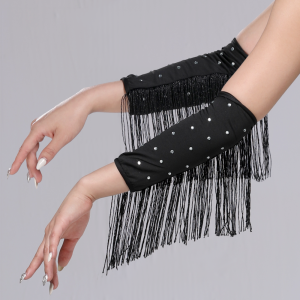 JESJELIU Flash Latin Dance Fringed Sleeves Performance Stage Drilling Rhinestone Womens Arm Sleeves Portable Solid Color Fringe Tassel Gloves Women
