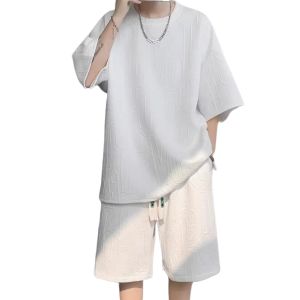 Korean Men＇s Sets Exquisite drawsting Oversize Sports suit  Elastic waist Casual Textured jacquard fabric M-3XL