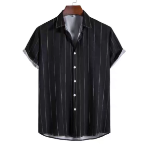 HUILISHI Mens striped fashion casual ice silk summer short-sleeved loose shirt