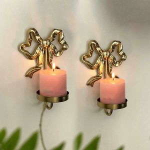 FOUNDTWO 2PCS Gold Bow Candlestick Exquisite Wrought Iron Wall Mounted Candlestick Simple Decorative Candle Stand Bathroom