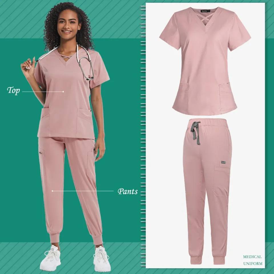 Wholesales women wear stylish scrub suits hospital uniform pant suits solid  color unisex operating uniform