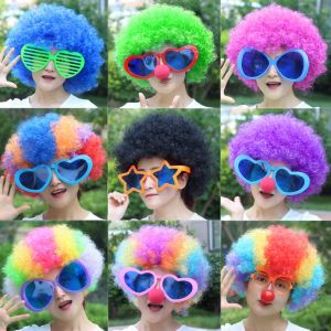 ERDORI วิกผมสังเคราะห์ วิกผมตัวตลกผมหยักสีรุ้ง คอสตูมปาร์ตี้ ขนคอสเพลย์ วิกผมแฟนฟุตบอล ประสิทธิภาพการทำงานของ เทศกาลคริสต์มาสคาร์นิวัล วิกผมหยิกแบบแอฟริกา ของขวัญเด็กผู้ใหญ่