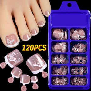 GTRBFDS 120Pcs/Box Butterfly Design Short Square False Nails Nude Pink Comfort Fit French Tip Fake Toe Nails Glossy Smooth Surface Full Cover Fake Toe Nails DIY Nail Art