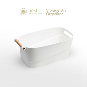 NEST DESIGN LAB Storage Bin Organizer PP Plastic White Space Saver Multi-Purpose Easy Storing Wooden Handle