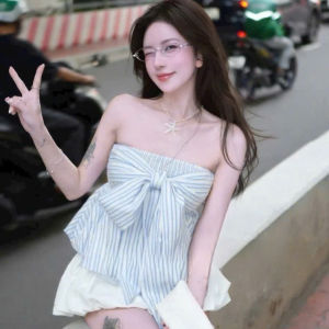 Set slay Outfit đi biển set tiểu thư áo cúp ngực Linen Tùng dây nơ có mút kèm váy Bí Đũi Hàn