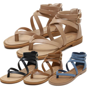 35-42 Strap Sandals Leather Upper Flat Shoes Women Dinner Dress Party Strapy Ladies Shoes Roman Clip Toe Low Heel Office Wear Rubber Sole