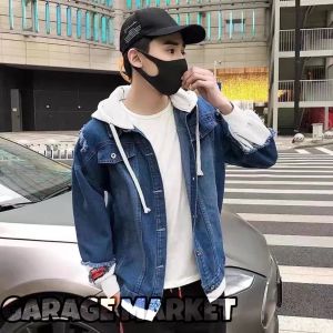 GARAGE MARKET - Jaket Denim Bertudung Pria Mantel Jeans Hip Hop /Jaket Retro /Jaket Bomber Kasual Jalanan Pakaian Luar Mantel Hoodie Jeans Pria / Jaket Jeans Denim Pria Premium Hight Quality