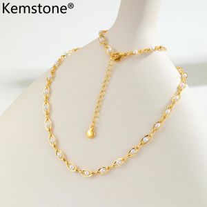 Kemstone mùa hè thanh lịch Vòng cổ hình trái xoan ngọc trai giả cho phụ nữ trang sức Vòng cổ đồng