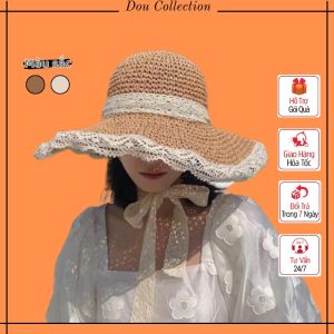 Mũ cói đi biển nữ đẹp vành rộng sợi cói đan phôi dây nơ viền ren Nón che nắng thời trang mùa hè màu nâu be - Mã NC034