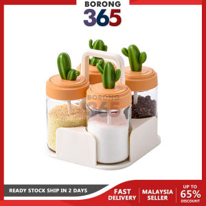 Borong365 Condiment Bottle Seasoning Dispenser Spice Storage Bekas Kaca Bekas Garam Cactus Glass Condiment Jar Set With Spoon