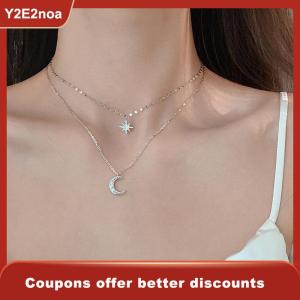 【Y2E2noa】 Fashion Simple Double Layer Star Moon Pendant Necklace Light Luxury Inlaid Clavicle Chain For Women Fashion Jewelry