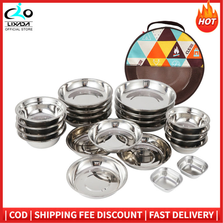 CLS 22PCS Portable Dinner Plates Camping Tableware Set Polished Stainless  Steel Bowls Soup Pots with Storage Bag for Outdoor Cooking Camping Picnic 
