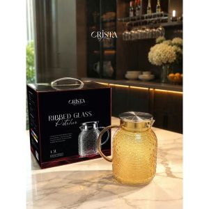 Bình nước thủy tinh borosilicate 1.3L chịu nhiệt vân ngang nắp inox 304 Crista Home - Bình để bàn sang trọng