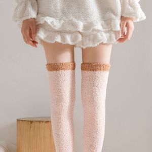 SBX346 Cô Gái Dày Trên Đầu Gối Vớ San Hô Fleece Mùa thu Mùa Đông Cho JK Sọc Mô Hình Trang phục Phụ Kiện Phụ Nữ Vớ Nhà Ngủ Vớ Đùi Cao Vớ
