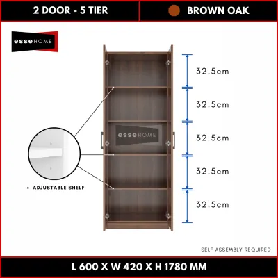 [178CM] EsseHome 2 Door Wardrobe Cabinet Cupboard Storage Almari Baju Almari Hanger or 5 Tingkat 5 Shelf 5 Tier
