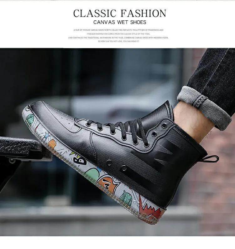 MZB Fashion Graffiti Rain Boots for Men and Women Middle Tube Soft Sole Non slip Rubber Shoes Lace up Design Student Outdoor Outing Fishing Shoes Lazada PH