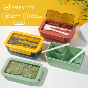 HAYYLIFE  Lunch Box Set 3 Sekat Microwaveable 1400ml Anti Tumpah+Tutup dengan fungsi Phone Holder + SumpitSendok - BPA Free HL-AAA647