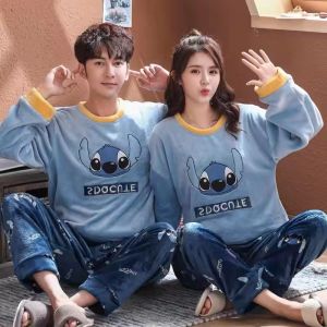 Cartoon 2Pcs Disney Couple Pajamas Set Mens/womens Stitch Womens Casual Pajama Winter Plush Crew Neck Coral Fleece Casual New