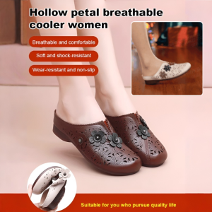 Mom Shoes Leather Slippers Womens Hollow Petal Breathable Sandals Flat Bottom Comfort Non-Slip Shoes