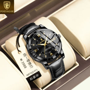 POEDAGAR genuine leather watch for men waterproof original business diamond dual calendar luminous wristwatch