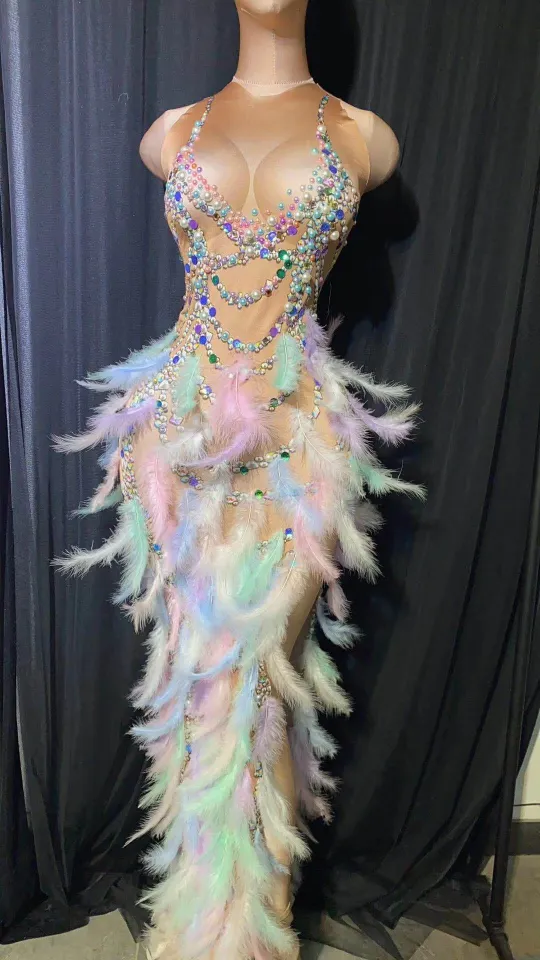 Sparkly Print Feather Long Dress Drag Queen Costume Prom Birthday