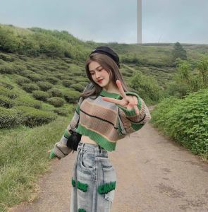 💥[A051] Áo len nữ Montoghi dệt kim TAY DÀI dáng CROPTOP kẻ sọc xanh HQ loại 1 chơi Đà Lạt  - L2M