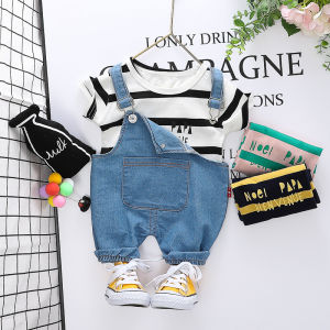 Pakaian anak anak Anak laki laki Kaos bergaris Celana Bib Denim Kapas Baju Katun Pakaian Setelan