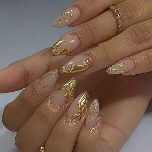 24pcs Almond Press On Nail Gold Line Designs Glossy Artificial Nail Stick on Nail Acrylic False Nail For Women Girls