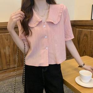 SHUFU 2028 Hàng sẵn sàng kiểu hàn quốc áo voan nữ ve áo sơ mi ngắn tay áo blouse trơn giản dị cộng với kích thước Puff tay áo trên