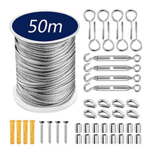 50M Stainless Steel Wire Rope Kit Cable Hooks Hanging Kit Clothesline