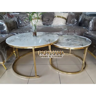 Set Meja Tamu Bulat 2in1 Granit - Meja Tamu Stainless Gold Minimalis - Coffe Table