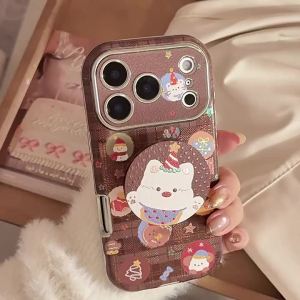 Giá đỡ da mạ vàng tương thích với Apple 17promax Ốp Điện Thoại iphone16 Chó con Giáng sinh 15 Bọc Toàn Bộ 13 Mềm