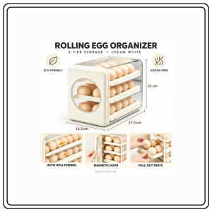 【JJ HOME】 Rolling Egg Storage Box | Three Pull-Out Trays for Refrigerator Shelves