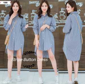 Stripe Button Dress 1088-80 Bahan Katun Salur Realpic LD 102 PJ Depan 80 PJ Belakang 93 cm