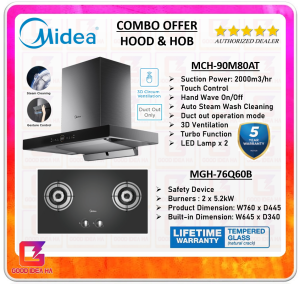 【COMBO SET】Midea Cooker Hood 2000m³/hr MCH-90M80AT + MIDEA 5.2kW Built In Glass Hob MGH-76Q60B