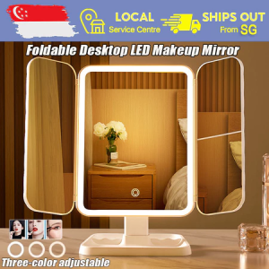 [SG Ready Stock] Foldable LED Makeup Mirror Desktop Make Up Beauty Dimmable 3 Tone Led Light Rechargeable Dresser Mirror 化妆镜 镜子