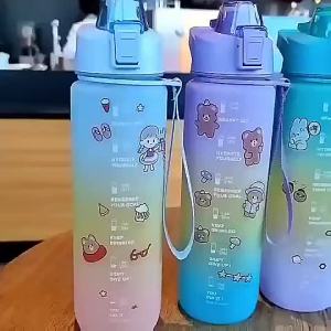 cod-ship with 24hCHERRYCute Portable Time Scale Bottle Free 3D Stickers Botol Air Large Volume 900ml Water Bottle with Straw Small-capacity light color-changing water bottle