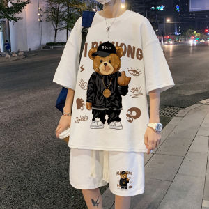 2PCS Suits for Men Cotton Plus Size T Shirt Hip-hop Bear Waffle Loose Casual Short-sleeved Sports Suit