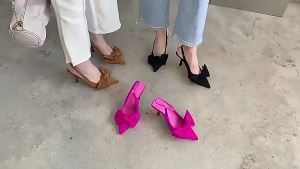 Womens Closed Toe Sandals 2023 Spring and Summer New High Heels Bow Pointed Low-Cut Stiletto Heel Back Strap Pumps Women