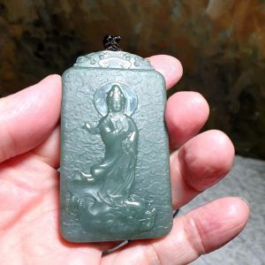 Premium bluish greenish Nephrite double sides cravings Guan Yin Dragon & Auspicious Clouds Jade pendant/handheld (with certificate) [Natural Crystal] 优质和田玉青绿双面雕刻普渡众生祥云御龙观音吊坠/手把(带证书)