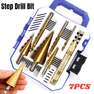 COD 7 Pcs MATA BOR Step HSS Dengan Kotak Mata Bor Besi Kerucut Pagoda Cone Drill Hole Saw Set Mata Bor Langkah Lurus Alur Titanium Dilapisi Cone Lubang Cutter Otomatis Center Punch Spiral Mata Bor Gergaji Mata Gergaji Mata Bor Pagoda