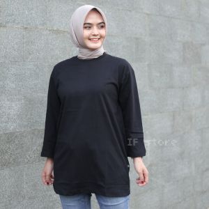 Kaos Basic Hitam Oversize Panjang Lengan 7/8 Belah Pinggir Atasan Wanita Muslimah Jumbo Hijab Style