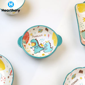 Cartoon Dinosaur 5 inch Ceramic Dining Bowl with Handle Kids Dining Bowl Cute Dinosaur Dining Set for Kids