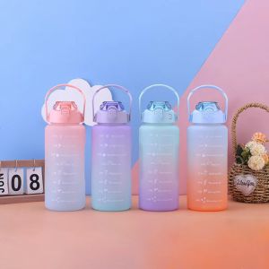 【COD】2L Large Capacity Water Bottle with Bounce Cover Time Scale Reminder Frosted Leakproof Cup for Outdoor Sports Fitness