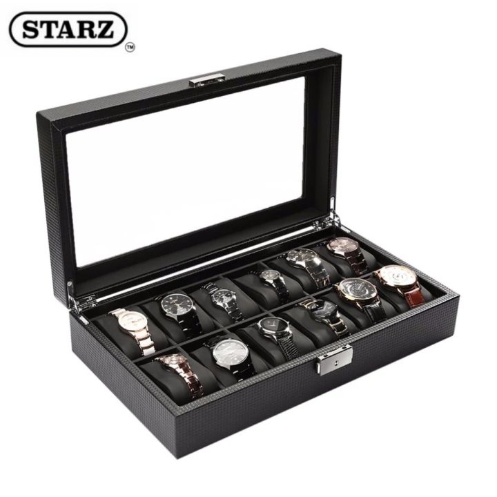 [ STARZ ] 12 Slot PU Carbon Fiber with Matte Cushions Watch Jewelry Box