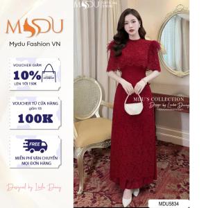 Áo Dài Thiết Kế MDU5834 Ren Nổi Phối Lưới Cao Cấp Gam Đỏ Đô Sang Trọng Kèm Áo Choàng Đính Lông Và Ngọc Quý Phái Từ MDU